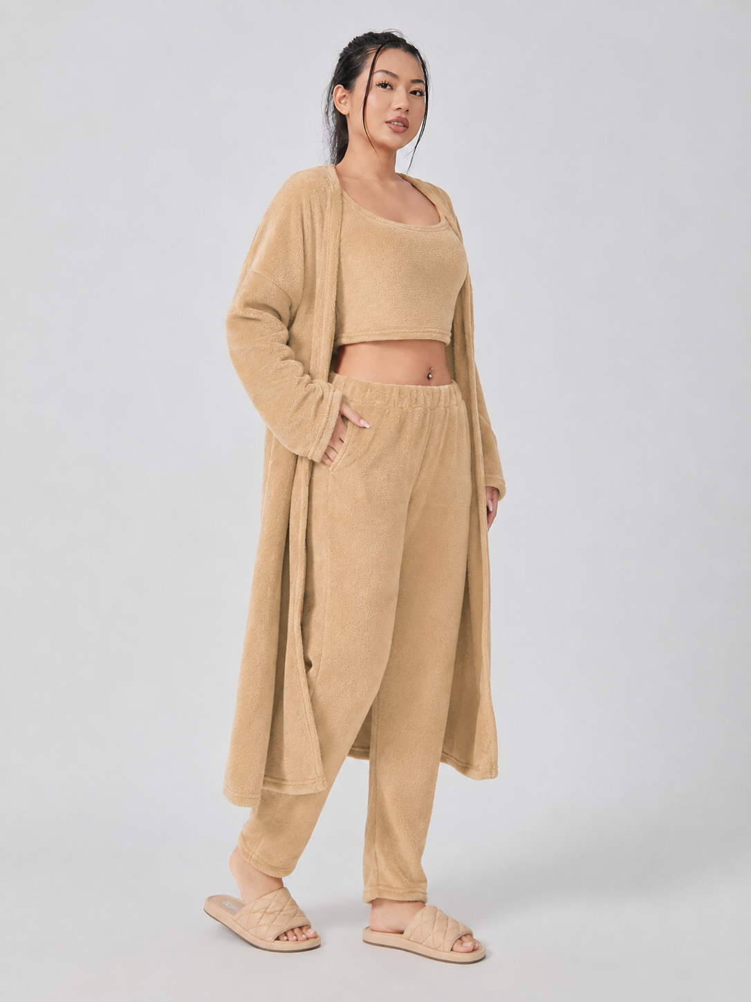 Quenna - Driedelige Dames Loungewear Set Met Crop Top En Lang Vest