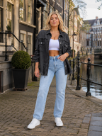 Quincy - Dames Denim-look jack Met Gerafelde Afwerking