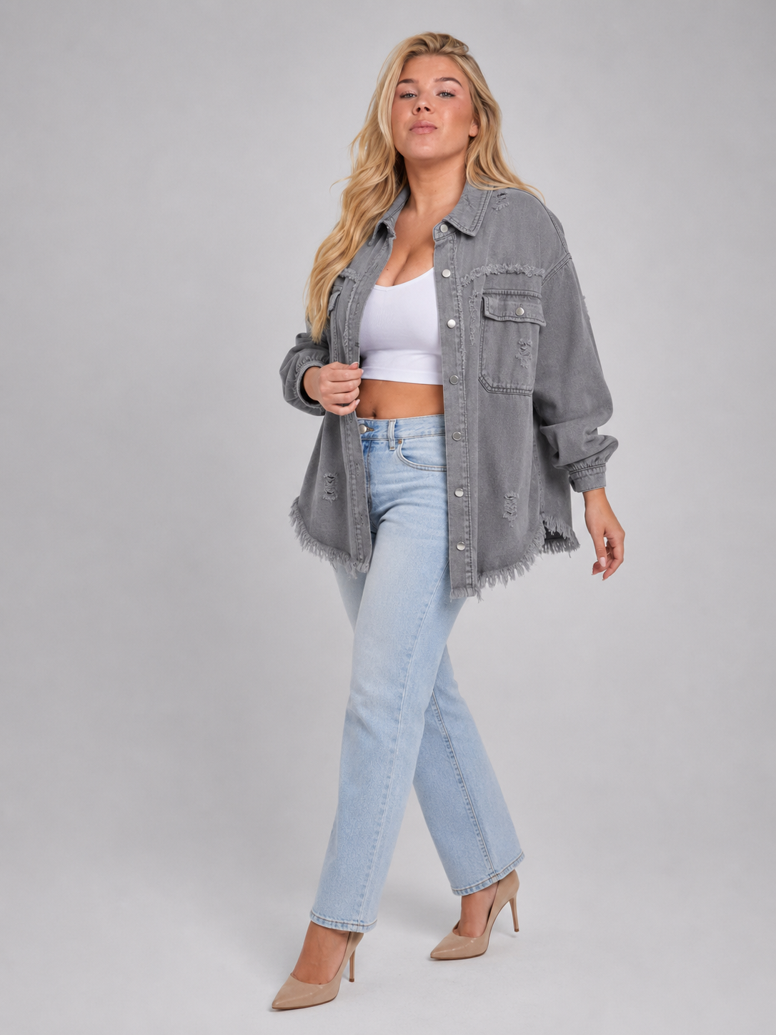Quincy - Dames Denim-look jack Met Gerafelde Afwerking