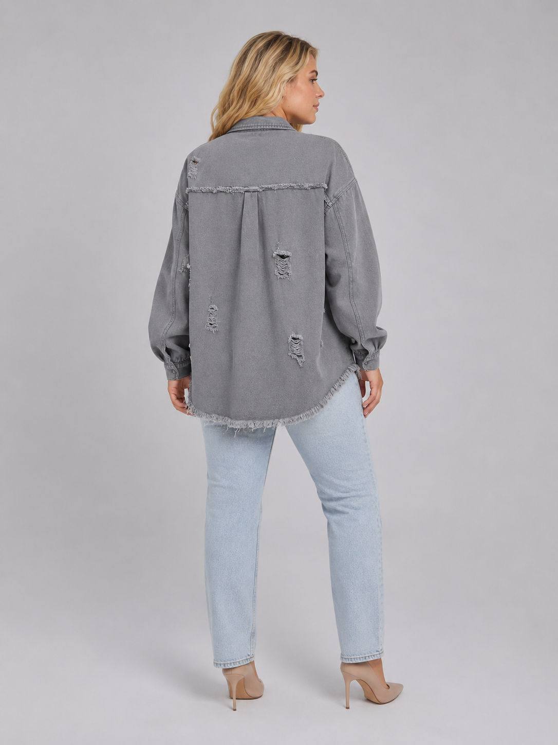 Quincy - Dames Denim-look jack Met Gerafelde Afwerking