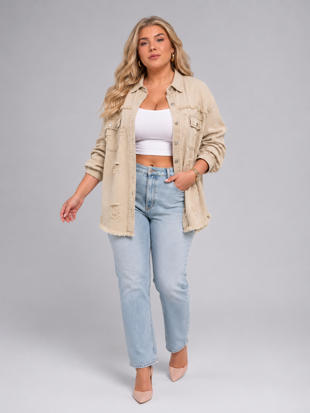 Quincy - Dames Denim-look jack Met Gerafelde Afwerking
