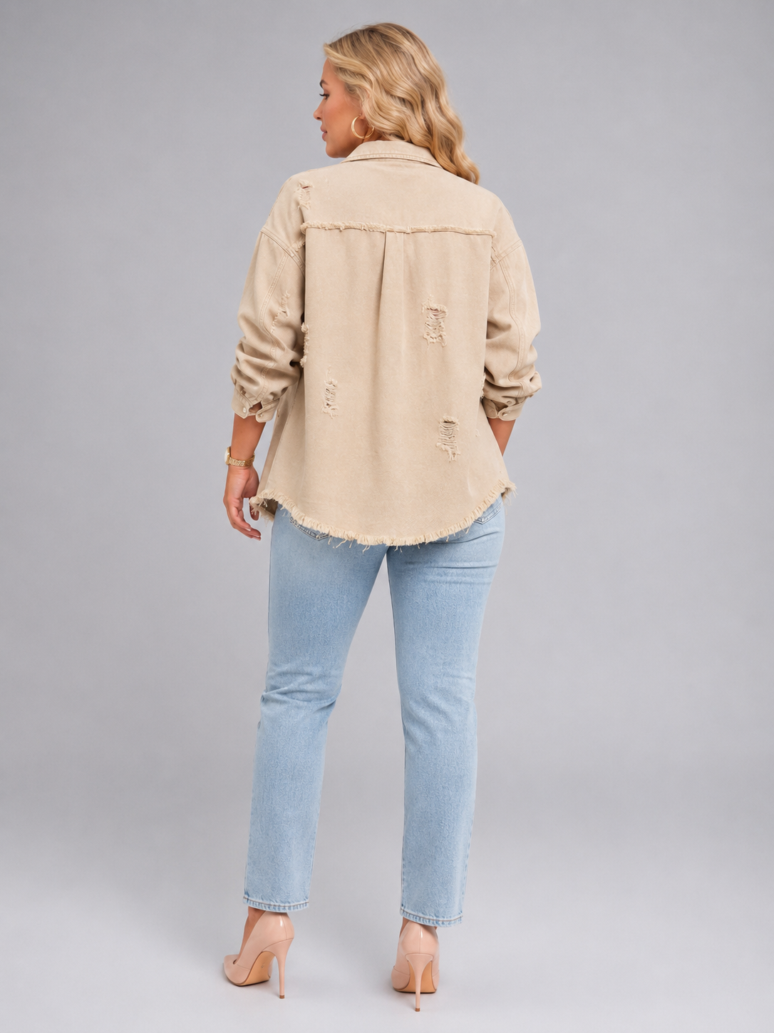Quincy - Dames Denim-look jack Met Gerafelde Afwerking