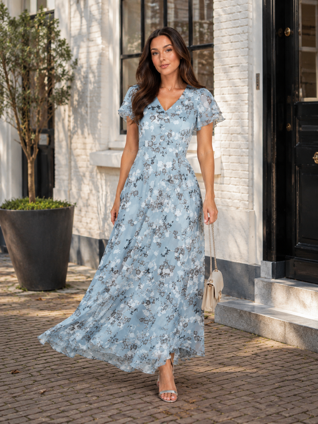 Mabel - Chiffon Maxi-jurk Met Bloemenprint En Vlindermouwen
