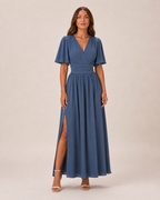Bente - Blauwe Maxi-jurk Met Hoge Taille En A-lijn Rok
