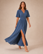 Bente - Blauwe Maxi-jurk Met Hoge Taille En A-lijn Rok