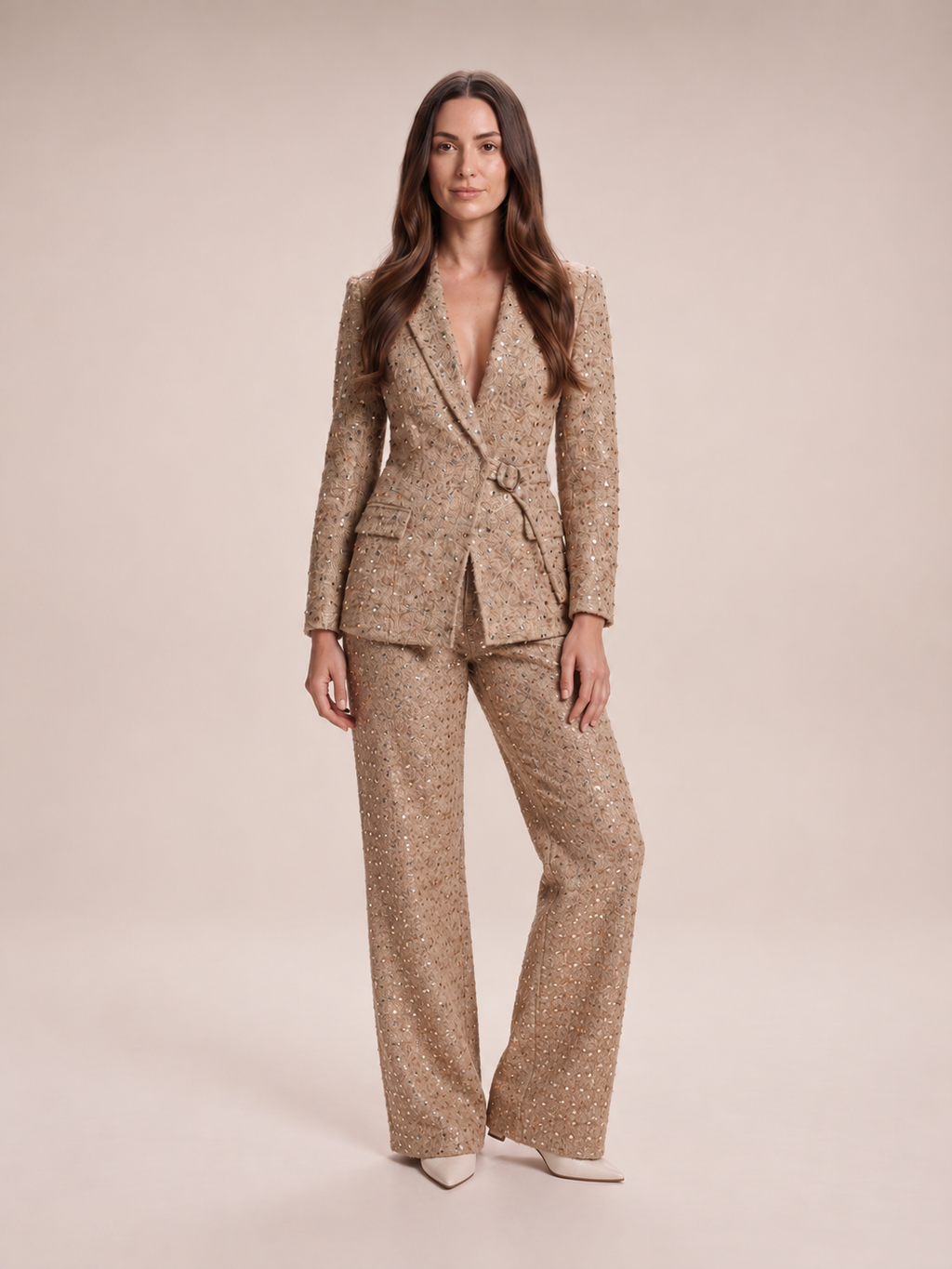 Yasmina - dames Camel glitter tweed broekpak met ceintuur