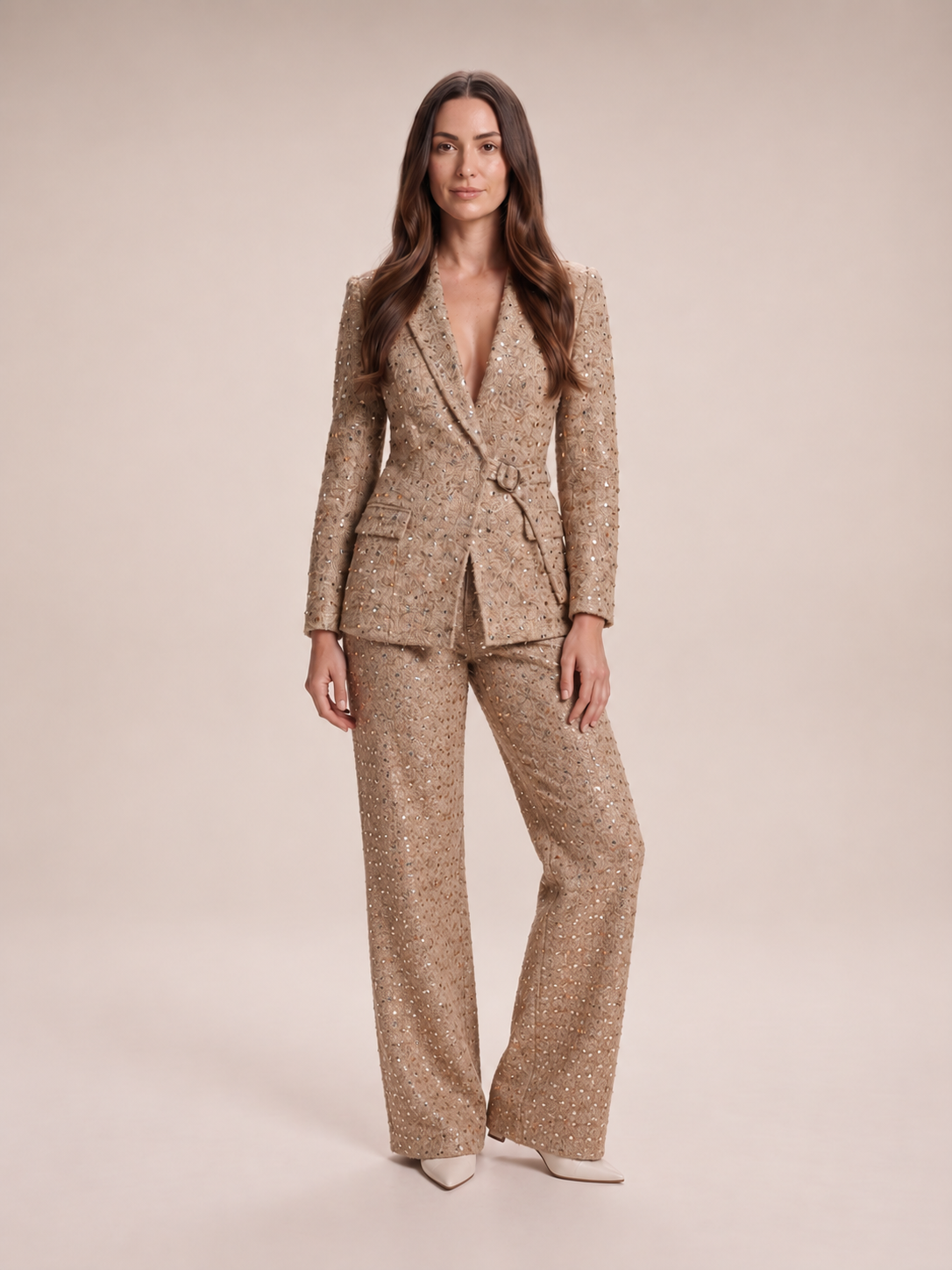 Yasmina - dames Camel glitter tweed broekpak met ceintuur