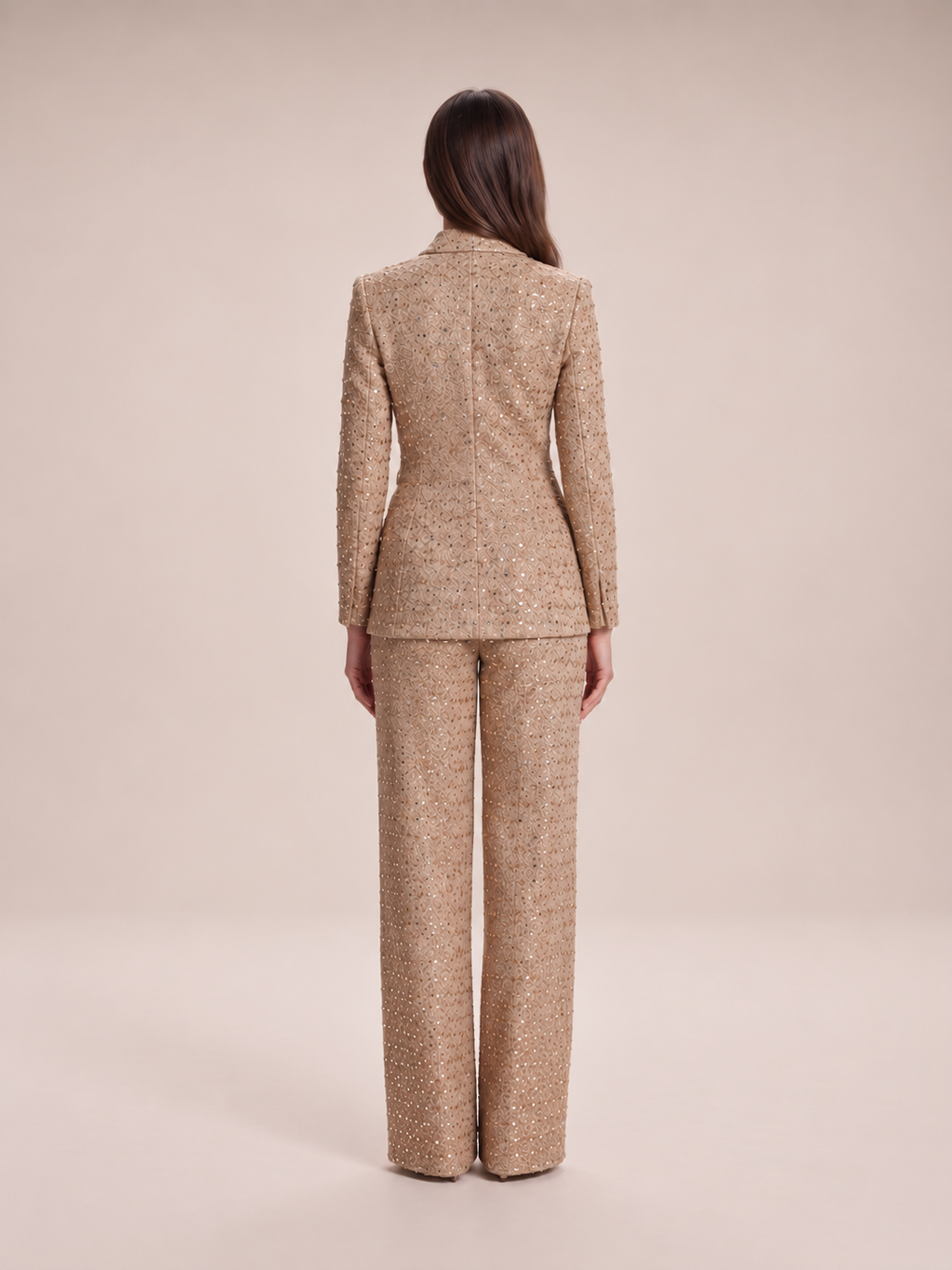 Yasmina - dames Camel glitter tweed broekpak met ceintuur