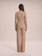 Yasmina - dames Camel glitter tweed broekpak met ceintuur