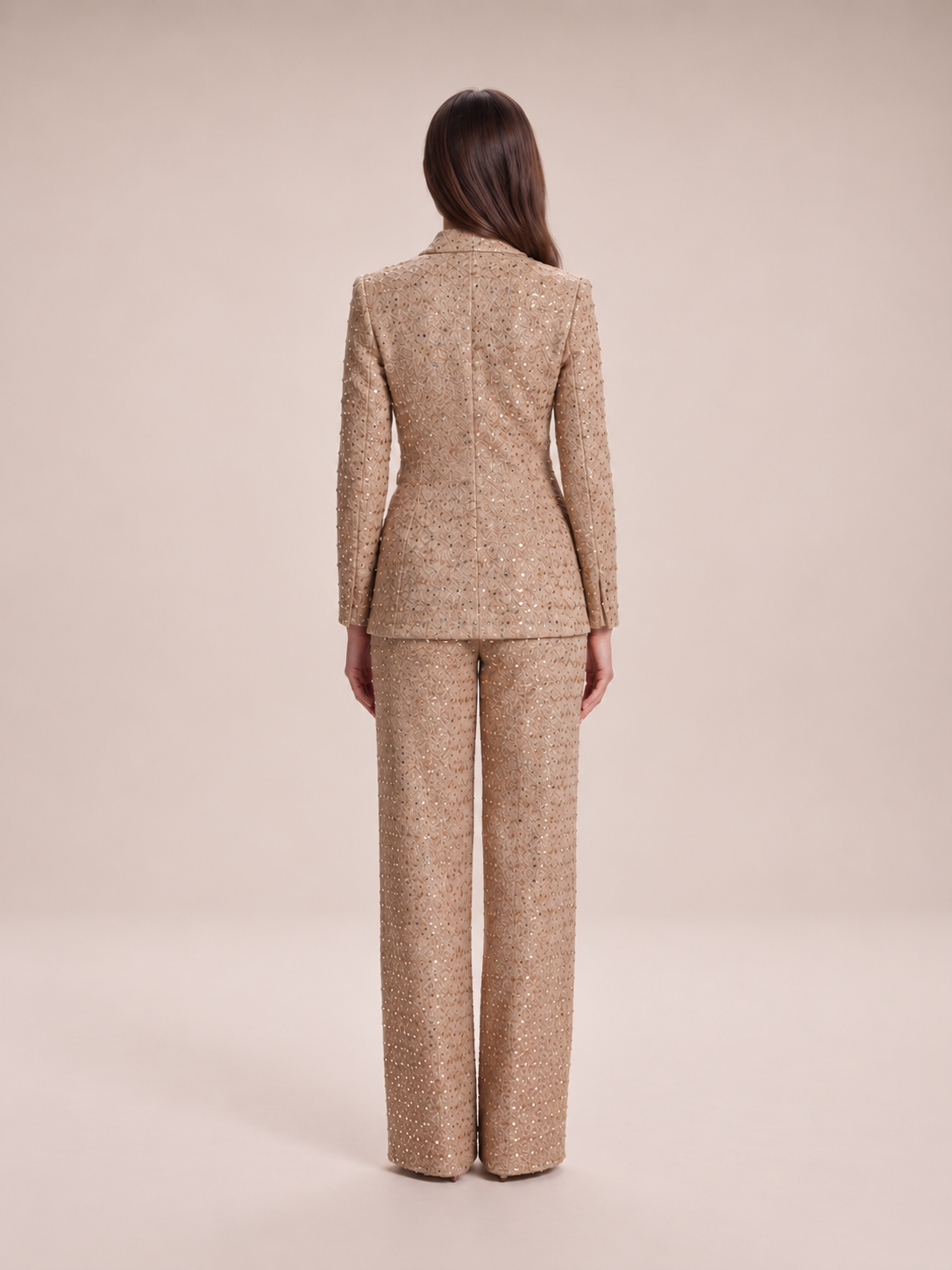 Yasmina - dames Camel glitter tweed broekpak met ceintuur