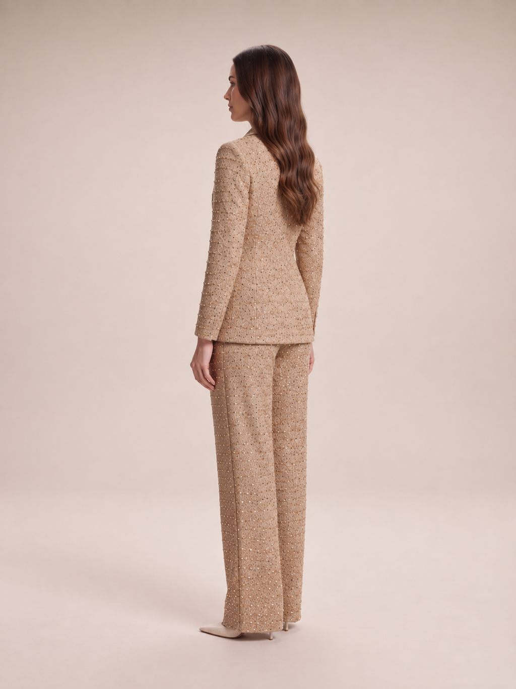 Yasmina - dames Camel glitter tweed broekpak met ceintuur