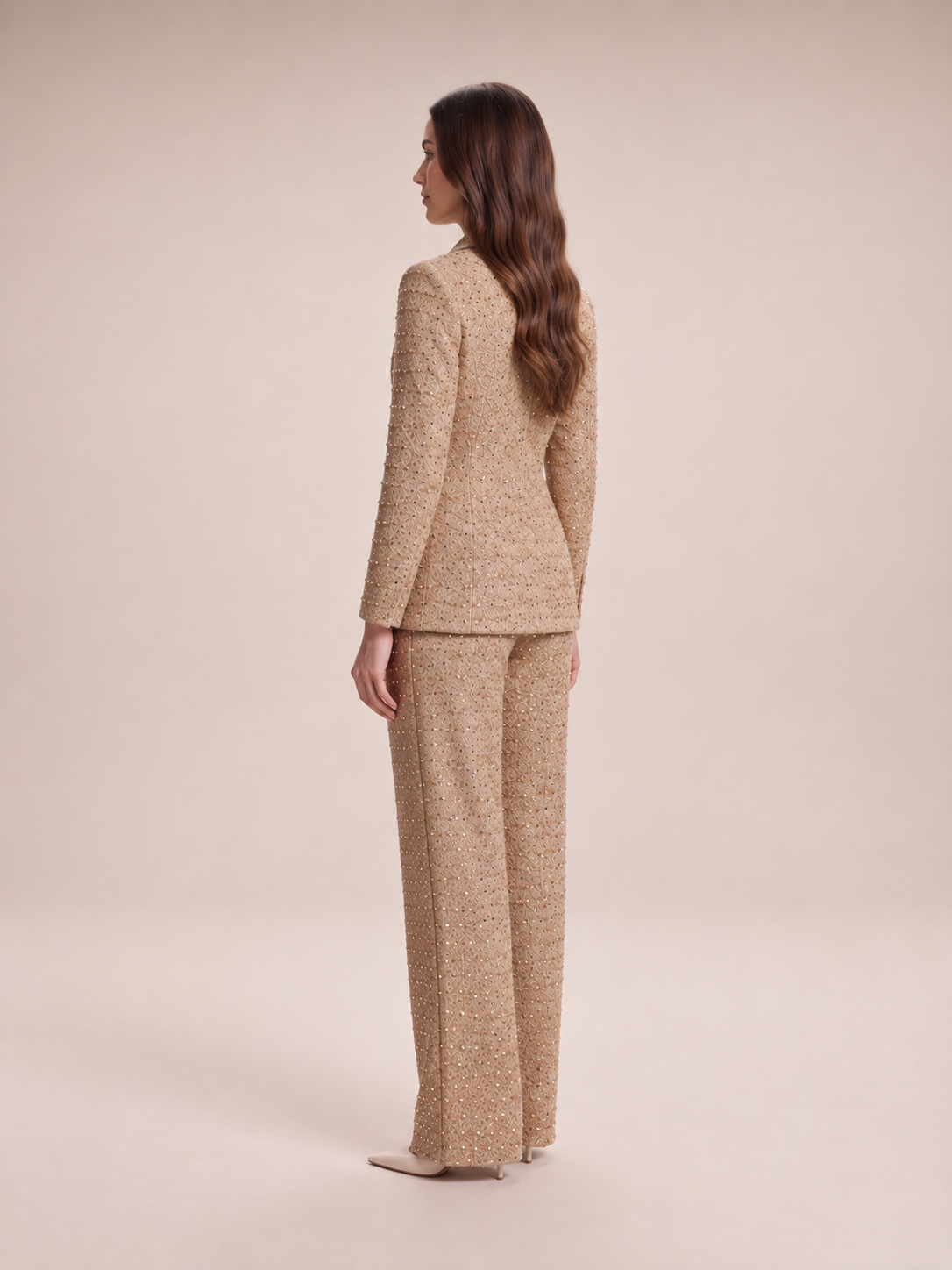 Yasmina - dames Camel glitter tweed broekpak met ceintuur