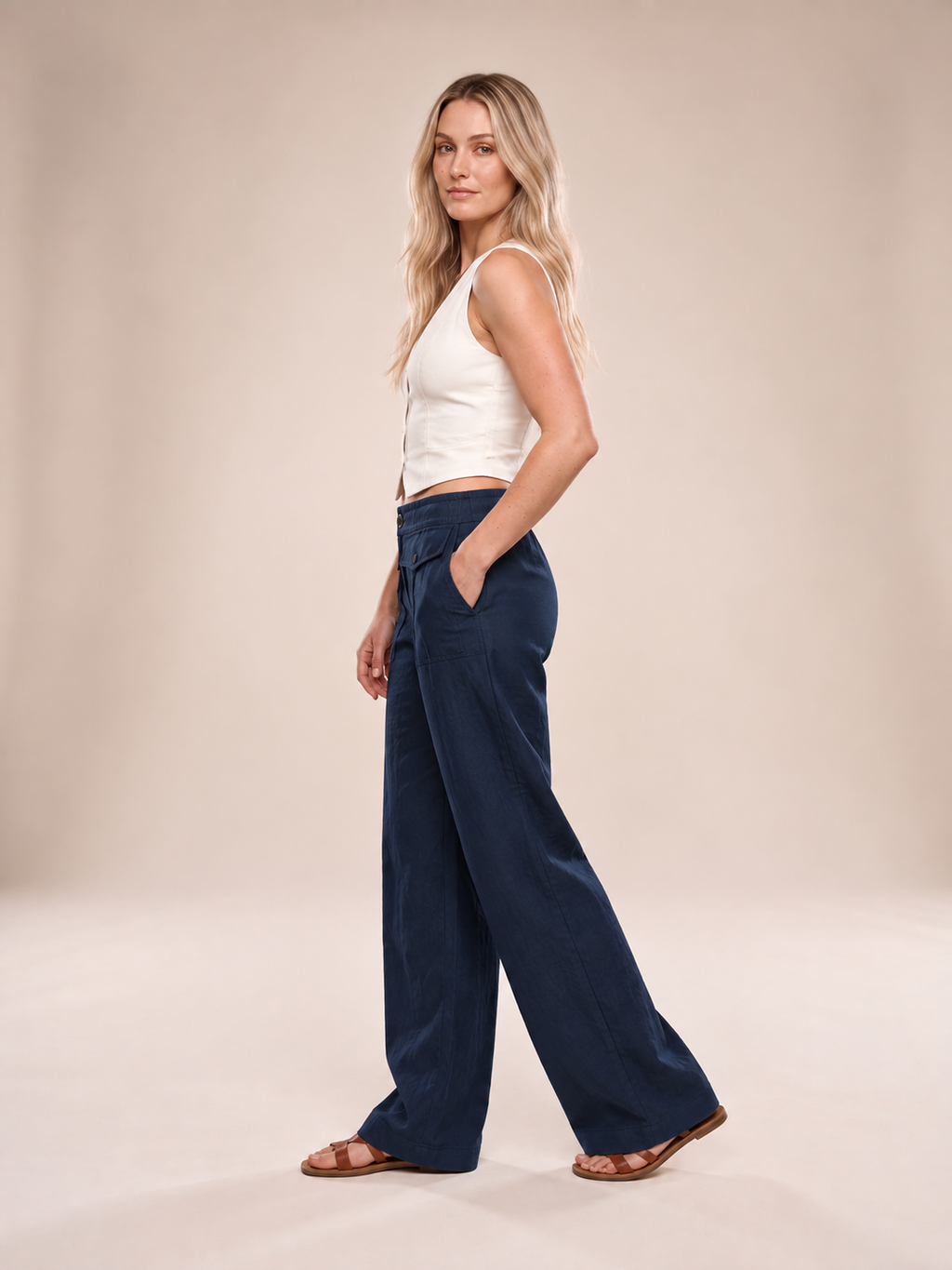 Verena - dames broek met wijde pijpen, hoge taille en zakken