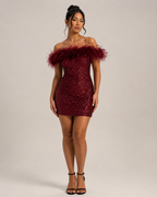 Floretta - Off-shoulder Mini-paillettenjurk Met Verenafwerking