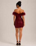 Floretta - Off-shoulder Mini-paillettenjurk Met Verenafwerking