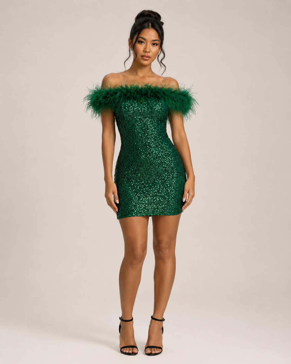 Floretta - Off-shoulder Mini-paillettenjurk Met Verenafwerking