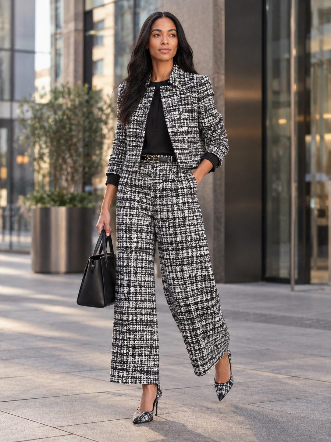 Sandrine - tweedelige dames set met geruite print en wijde pijpen