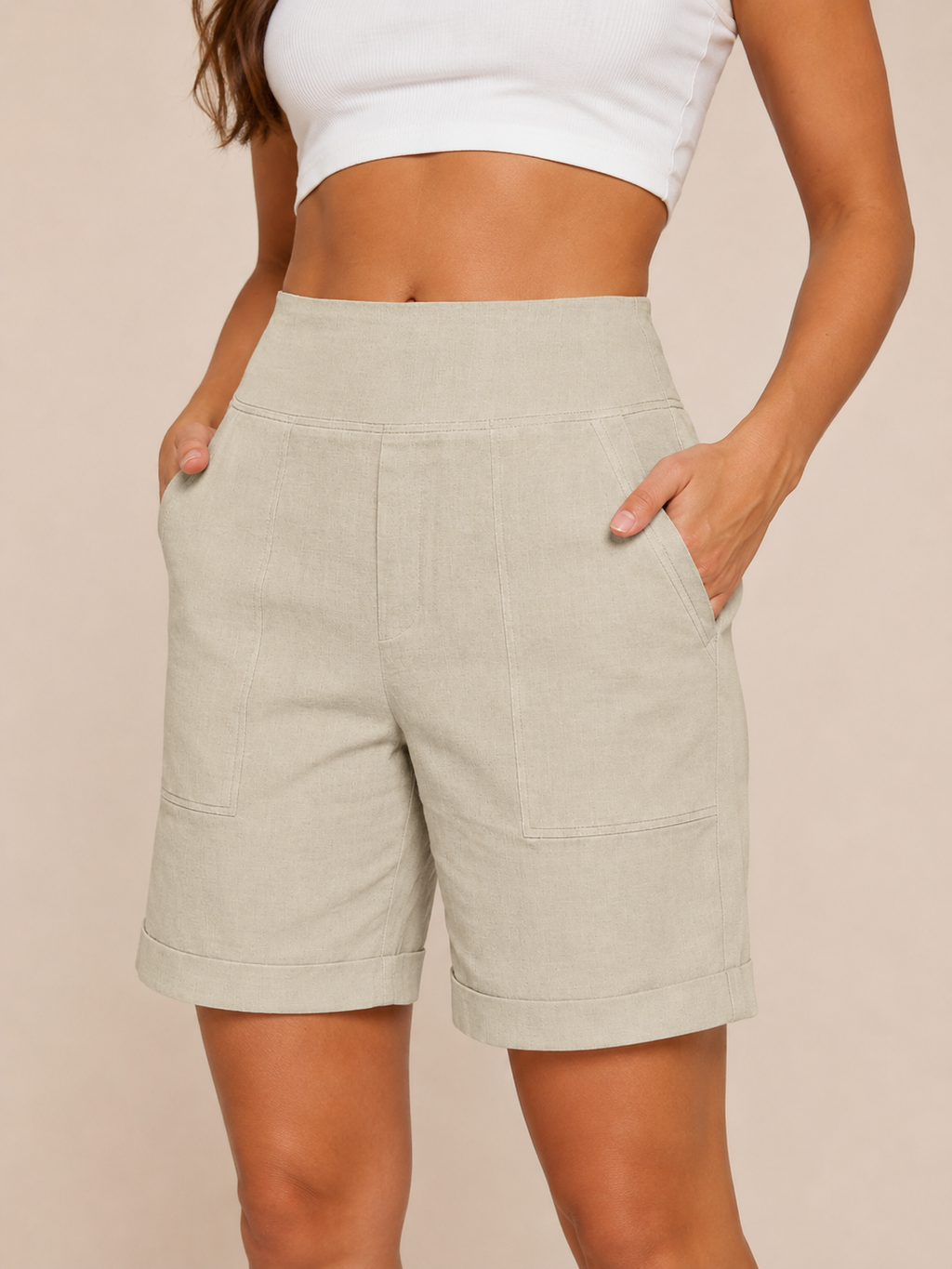 Adara - Dames zomershorts met hoge taille, rechte pijpen en zakken