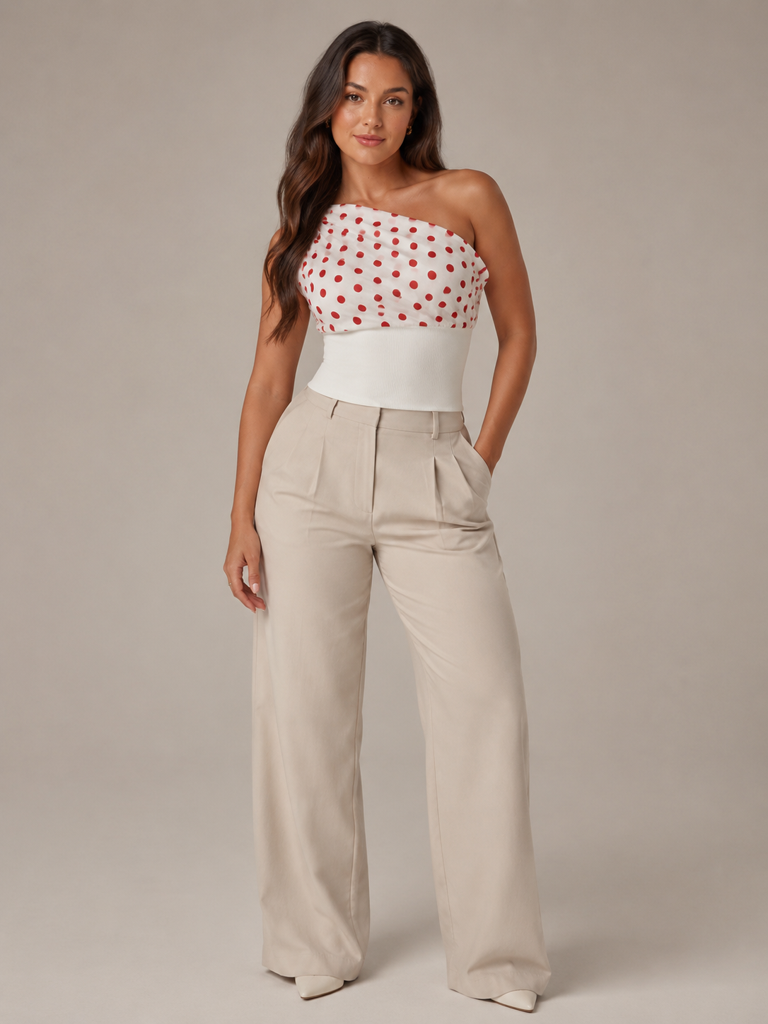 Paula - Dames Chiffon Top Met Stippen En Trekkoord
