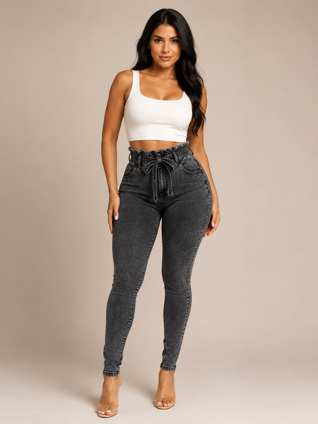 Roxanne - Dames High-waist Skinny Jeans Met Strikceintuur