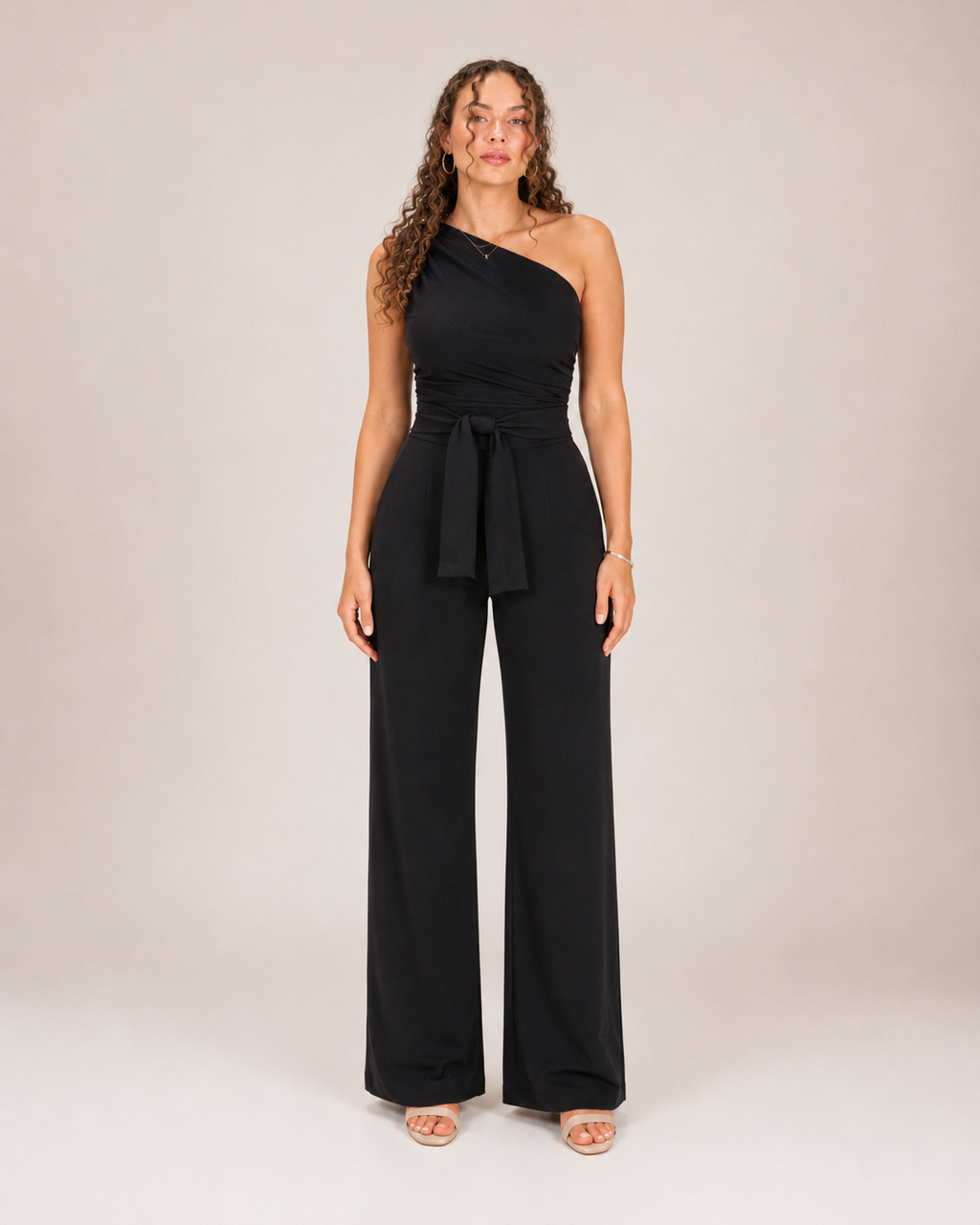 Gianelle - Dames One-shoulder Jumpsuit Met Drapering En Strikceintuur