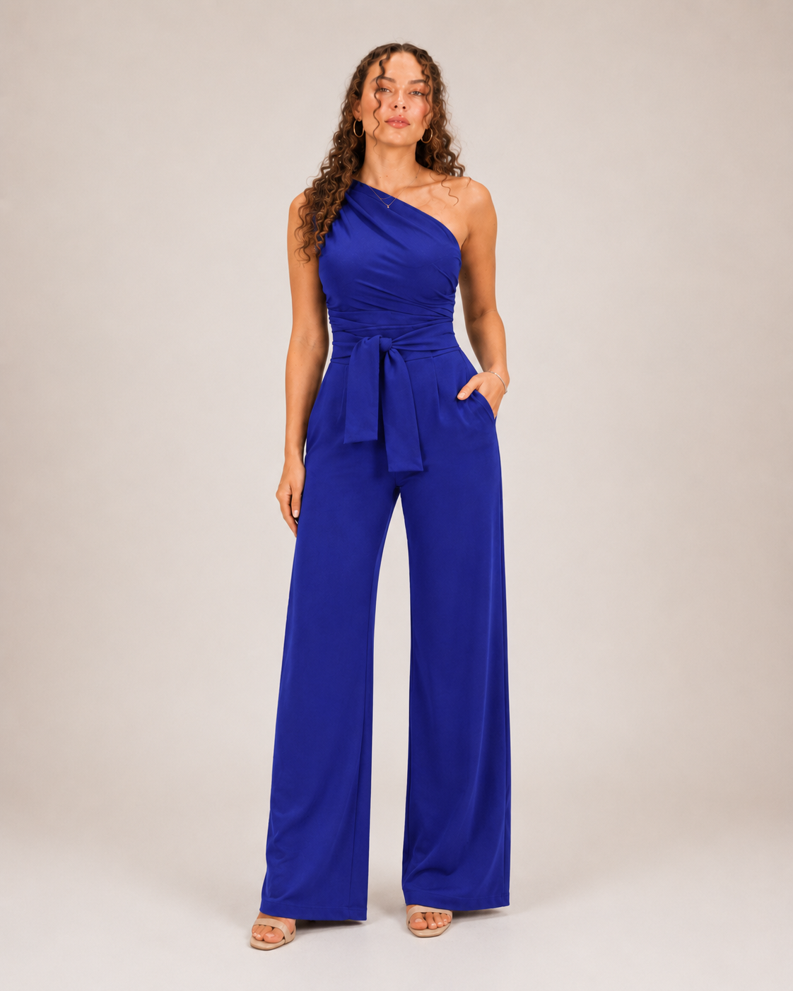 Gianelle - Dames One-shoulder Jumpsuit Met Drapering En Strikceintuur
