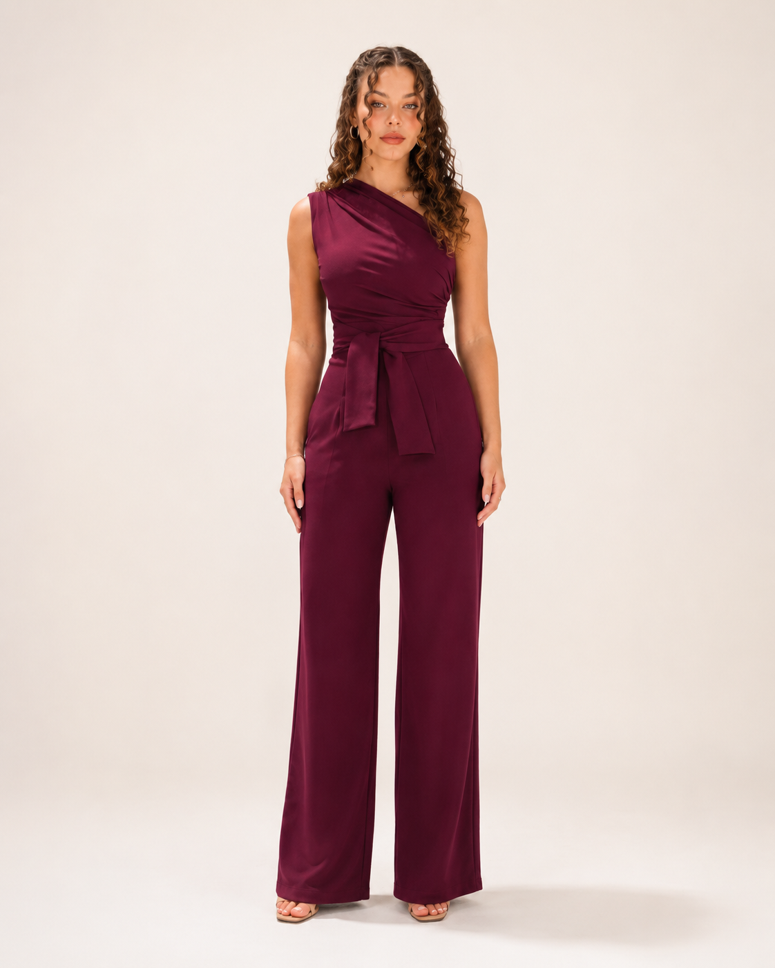 Gianelle - Dames One-shoulder Jumpsuit Met Drapering En Strikceintuur