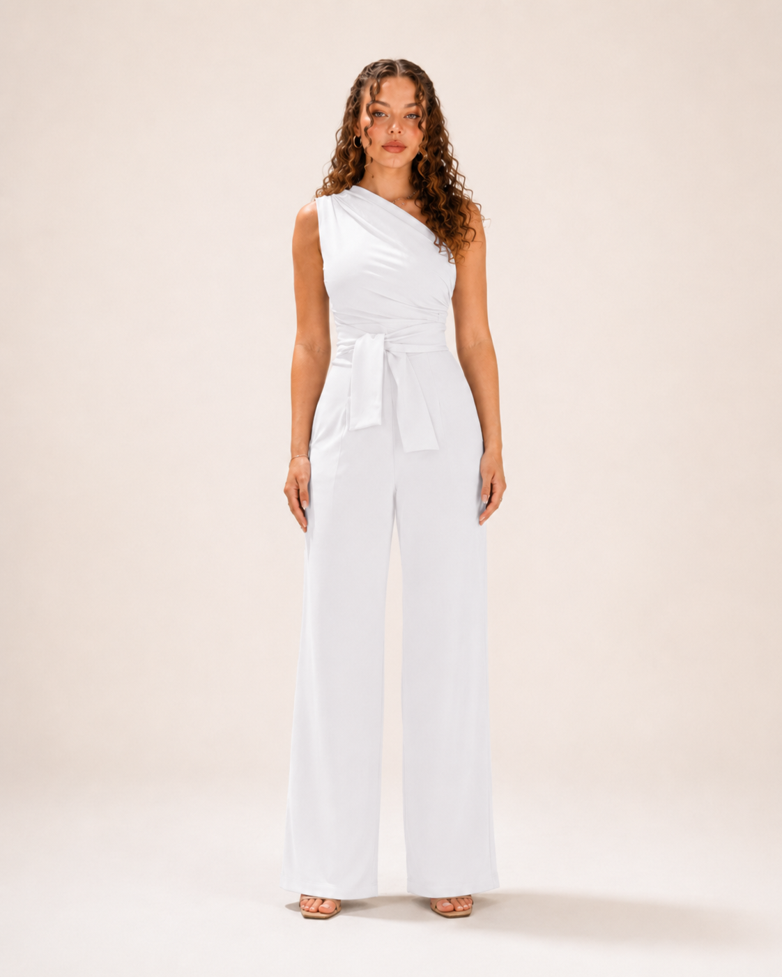 Gianelle - Dames One-shoulder Jumpsuit Met Drapering En Strikceintuur