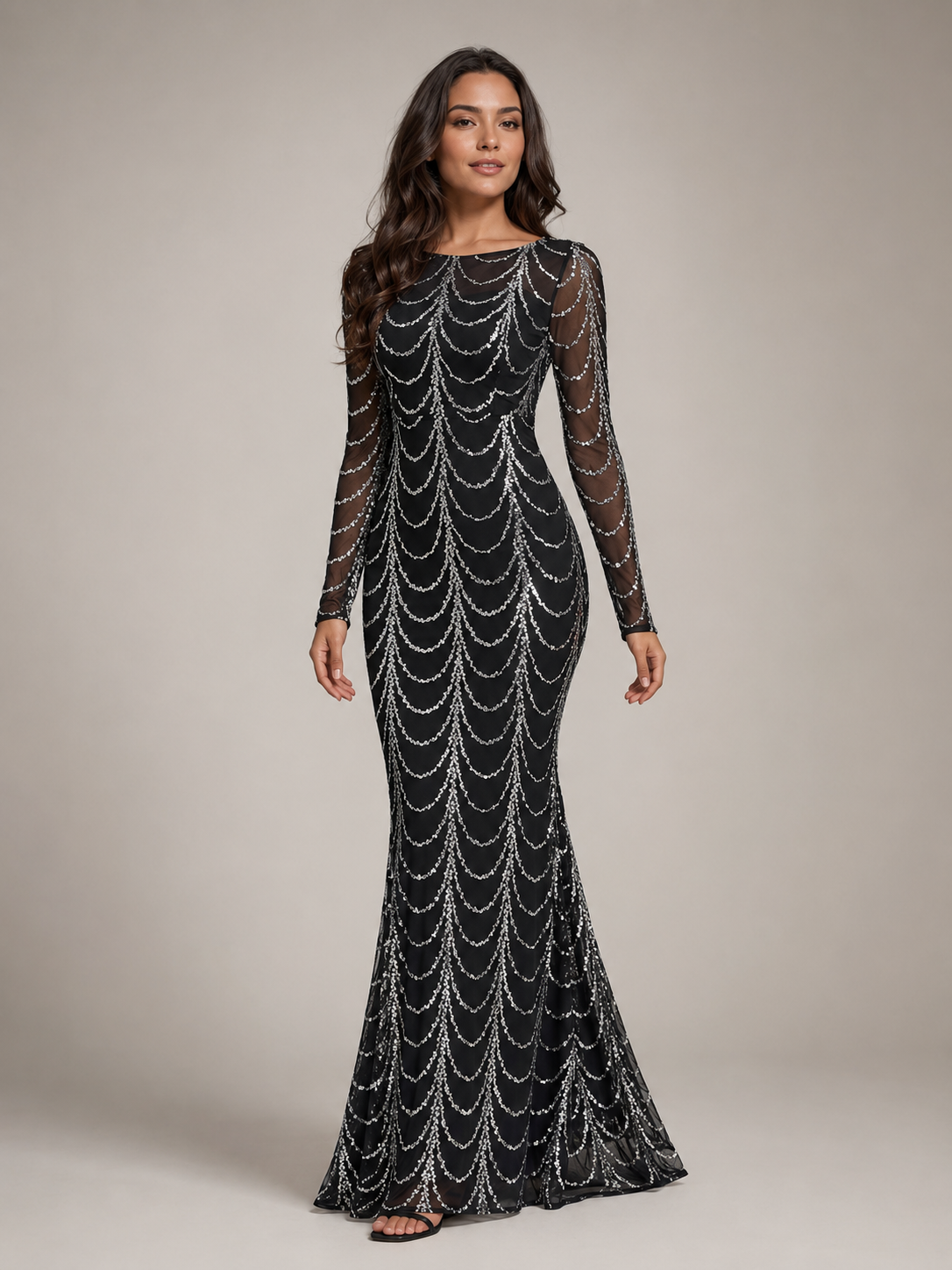 Rovena - Pailletten Maxi-jurk Met Lange Mouwen