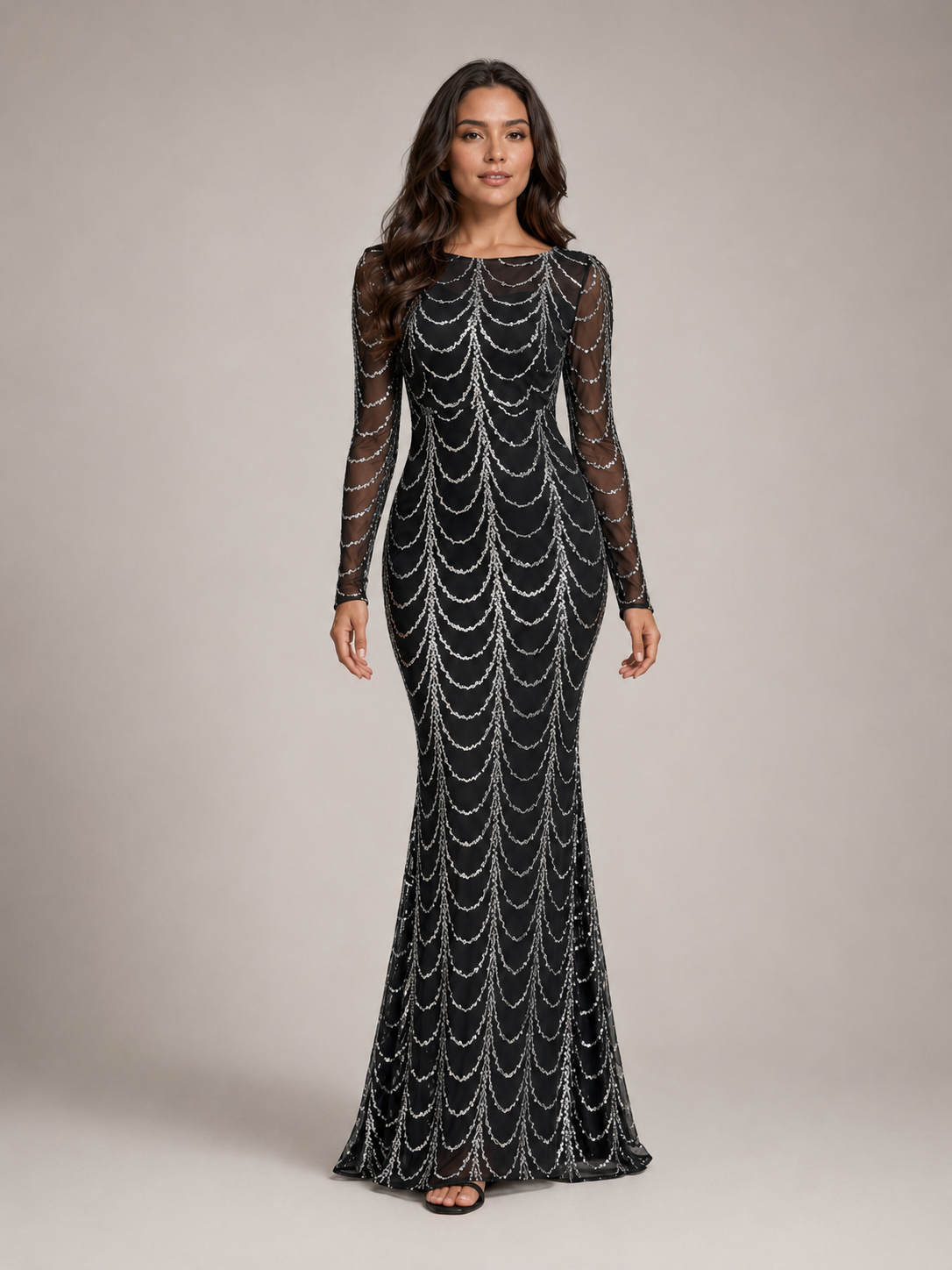 Rovena - Pailletten Maxi-jurk Met Lange Mouwen