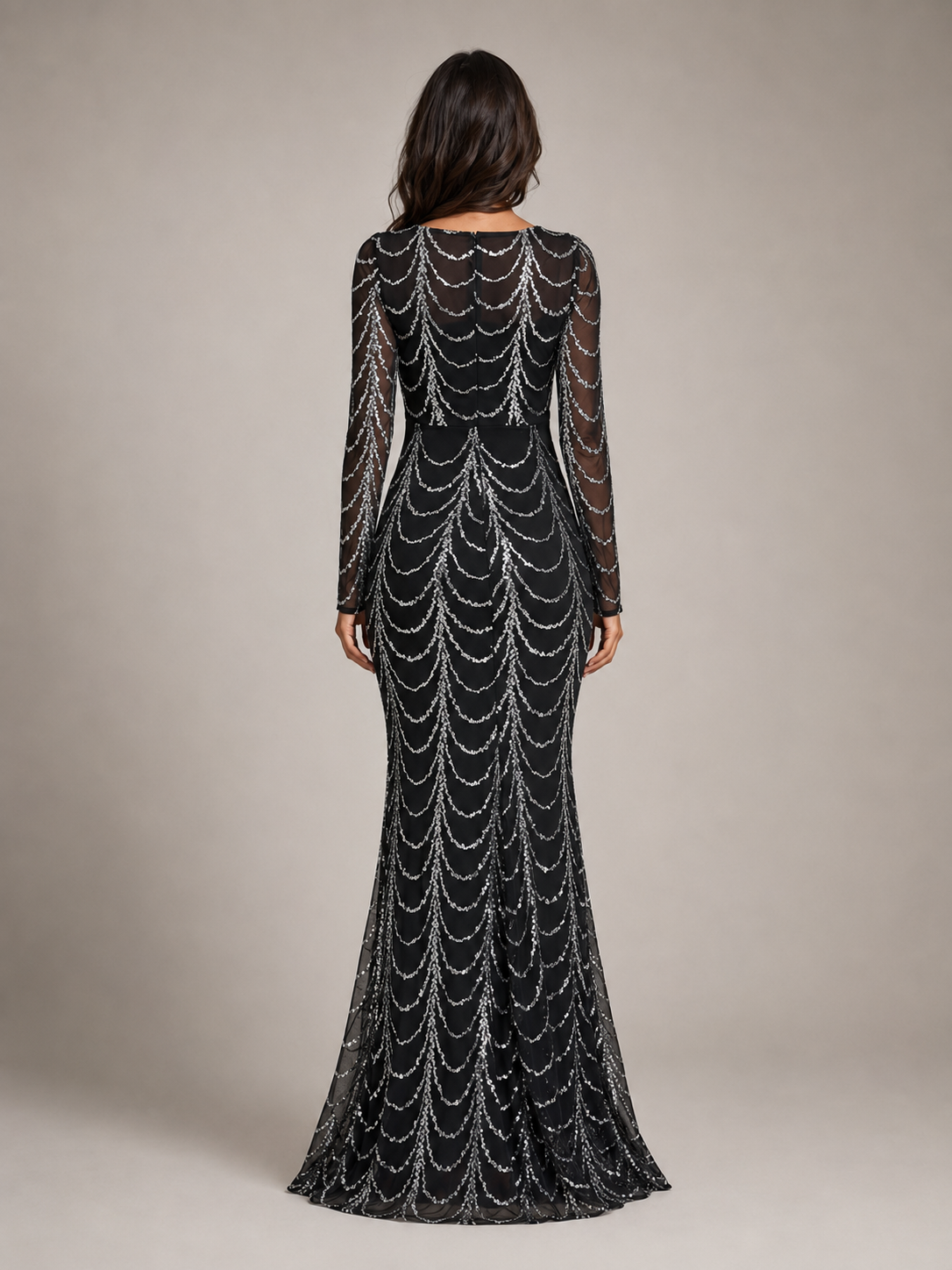 Rovena - Pailletten Maxi-jurk Met Lange Mouwen