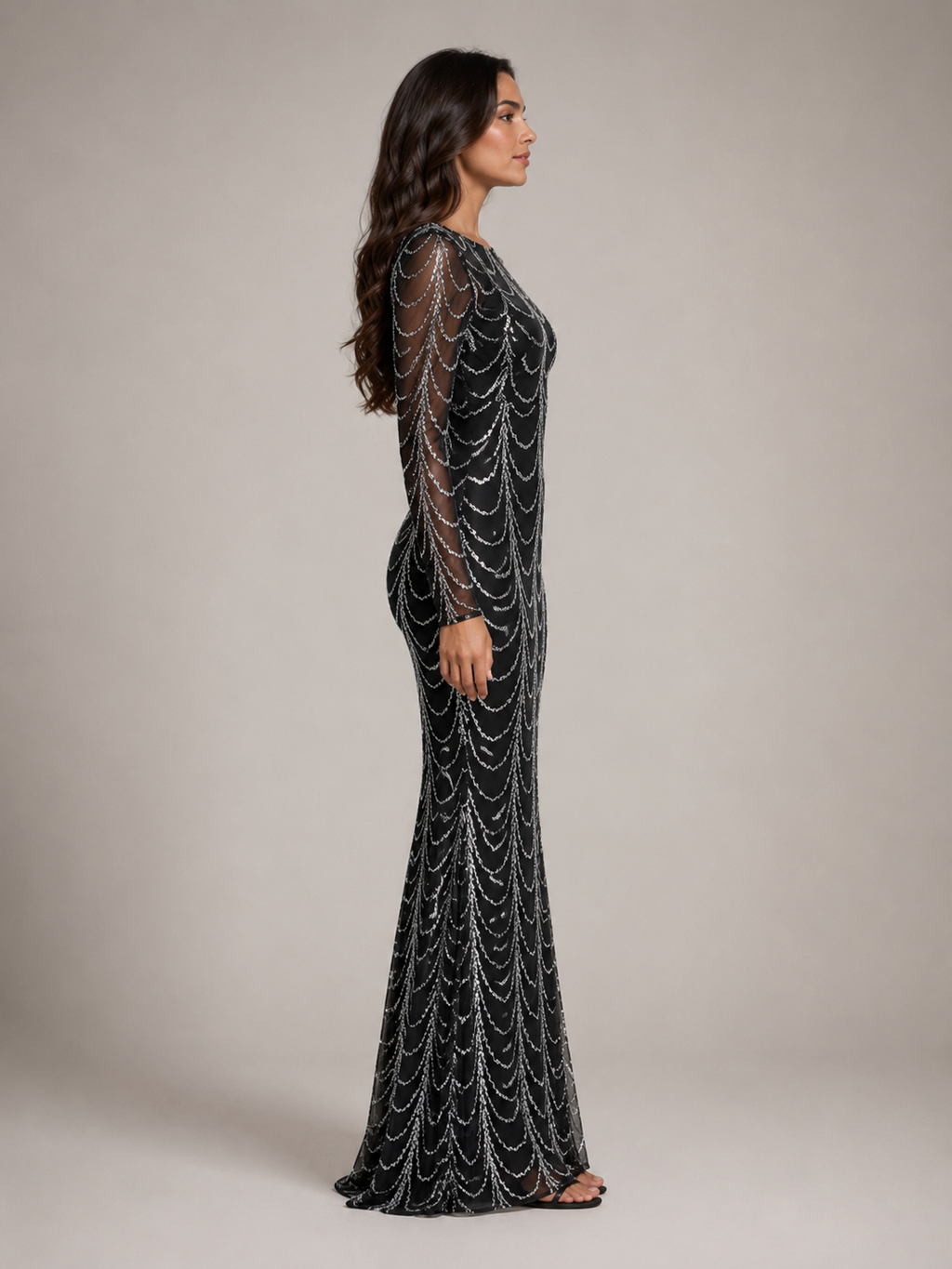 Rovena - Pailletten Maxi-jurk Met Lange Mouwen