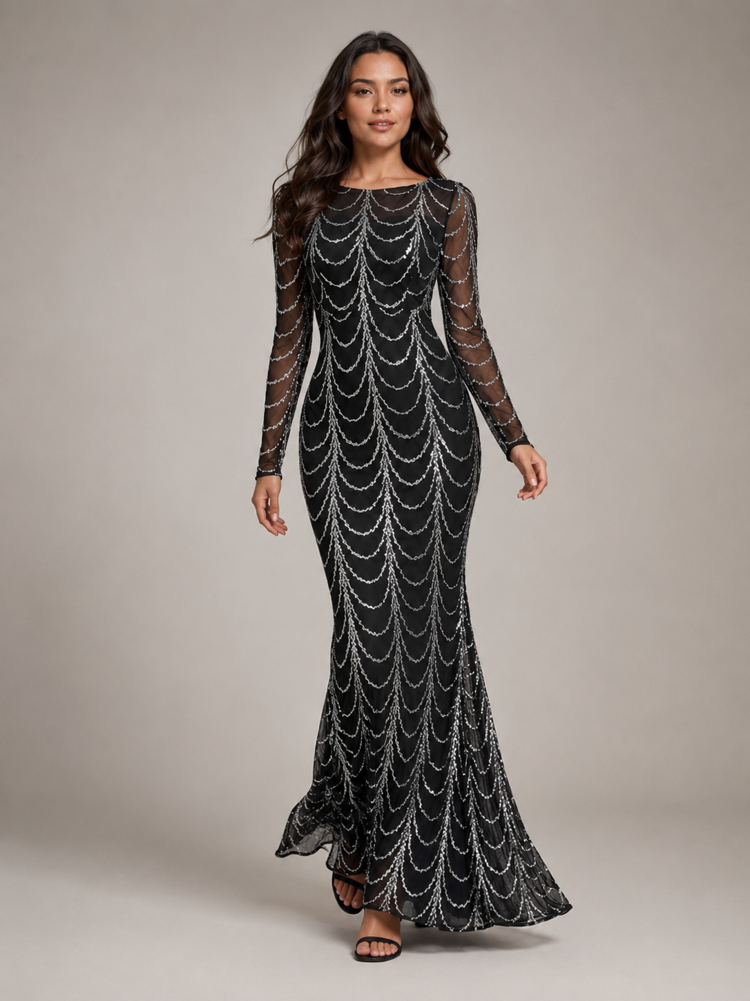 Rovena - Pailletten Maxi-jurk Met Lange Mouwen