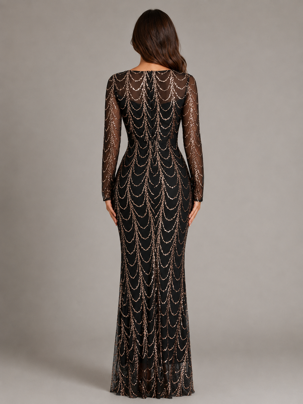 Rovena - Pailletten Maxi-jurk Met Lange Mouwen