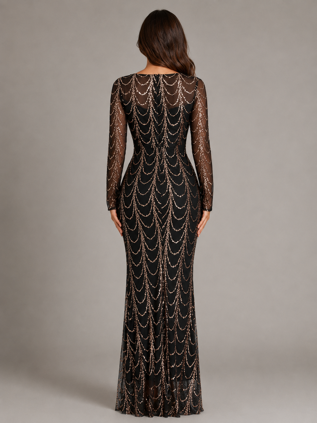 Rovena - Pailletten Maxi-jurk Met Lange Mouwen