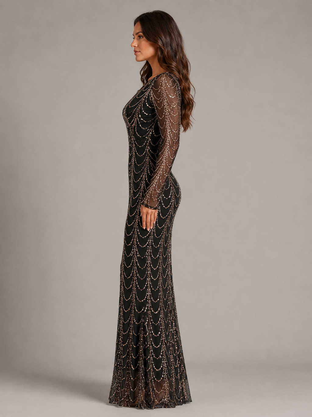 Rovena - Pailletten Maxi-jurk Met Lange Mouwen