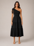 Rohana - One-shoulder Maxi-jurk Met Split En Gelaagde Zoom