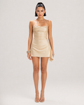 Giavelle - Beige Strapless Satijnen Mini-jurk Met Asymmetrische Zoom