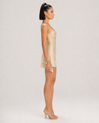 Giavelle - Beige Strapless Satijnen Mini-jurk Met Asymmetrische Zoom