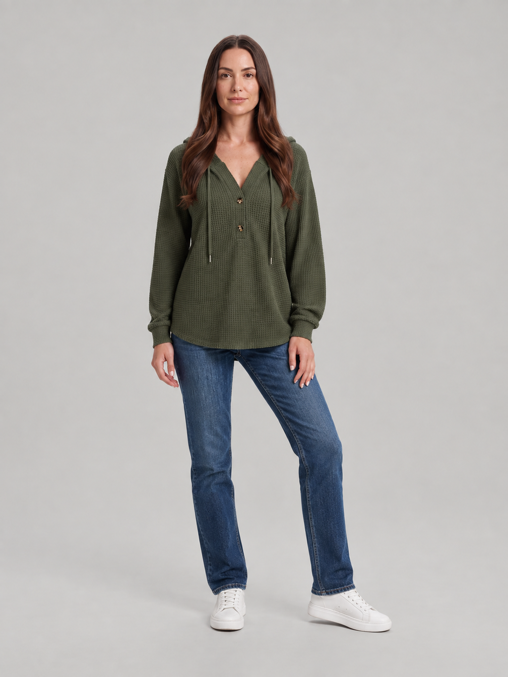 Fenne – Dames Waffelhoodie met Capuchon en V-hals