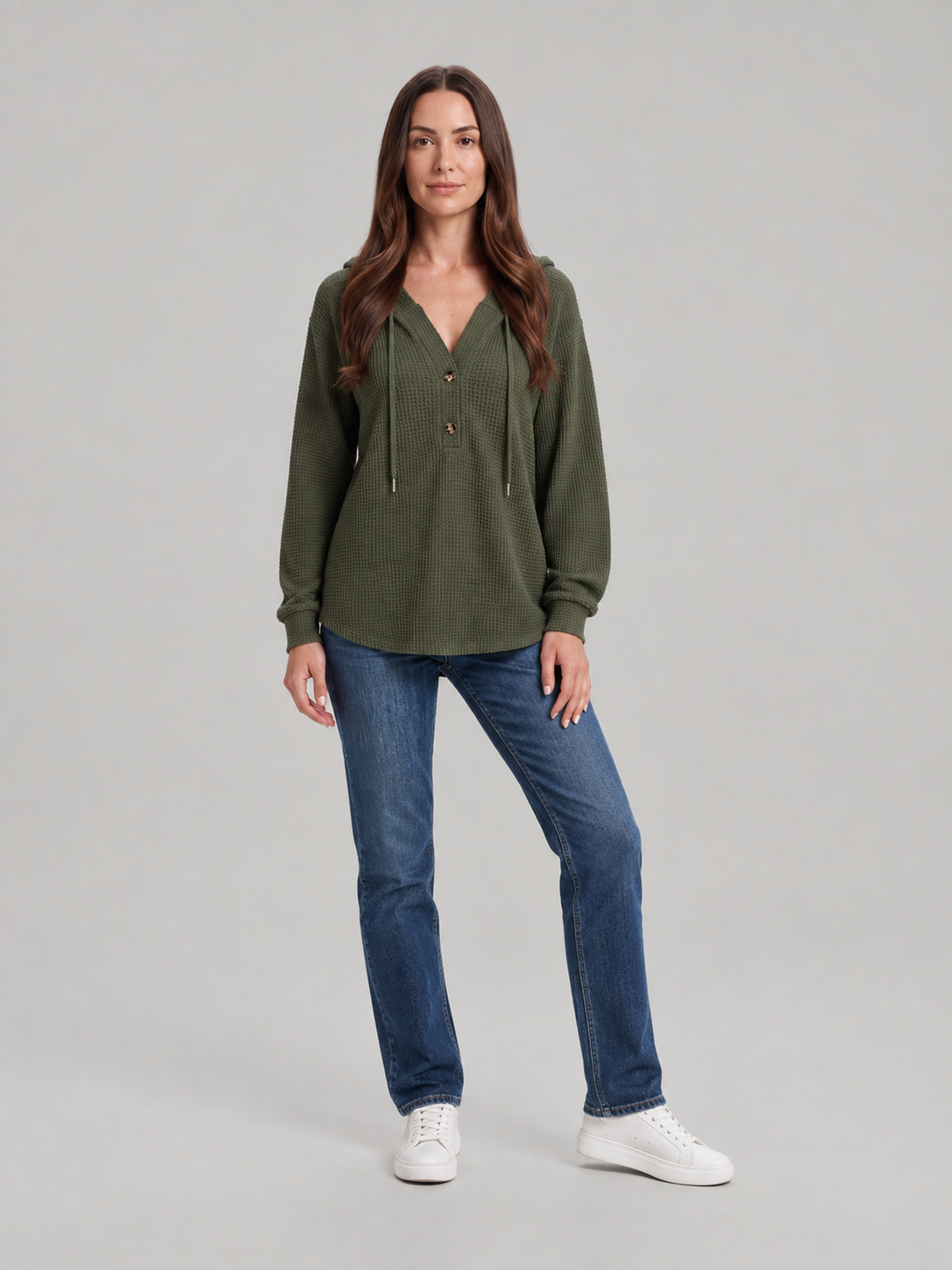 Fenne – Dames Waffelhoodie met Capuchon en V-hals