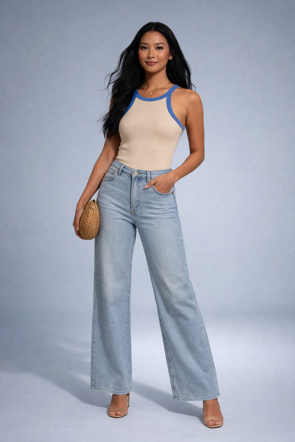 Choé – Taupe En Blauwe Dames Top Met Contrastbies