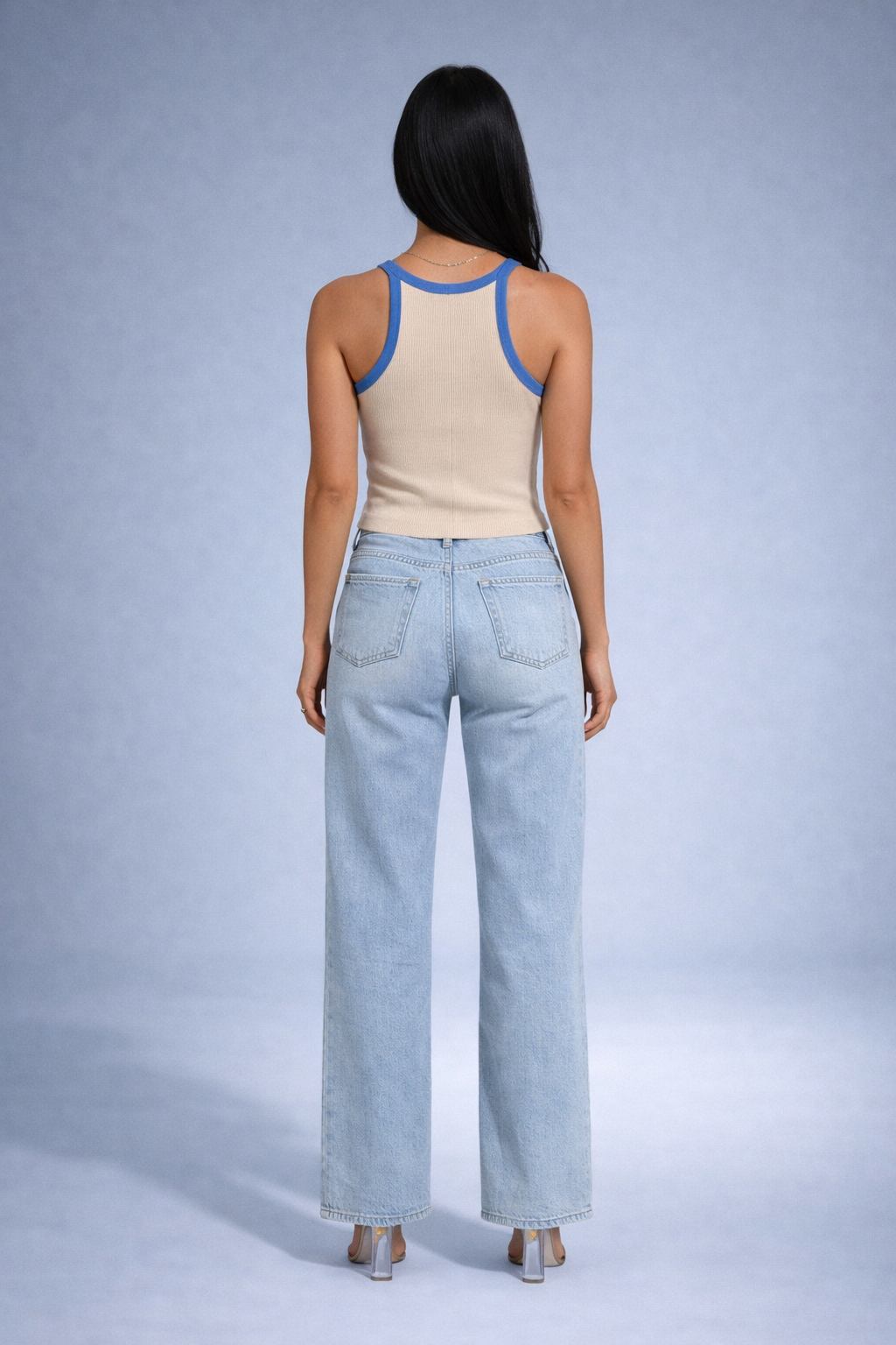 Choé – Taupe En Blauwe Dames Top Met Contrastbies