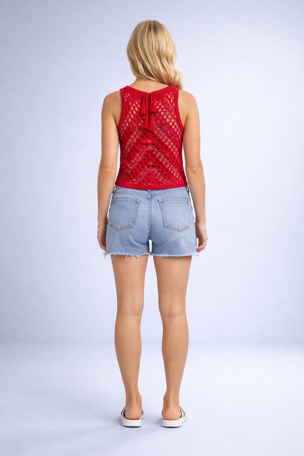 Cato – Rode En Fuchsia Dames Gehaakte Top Met Striksluiting Aan De Achterzijde