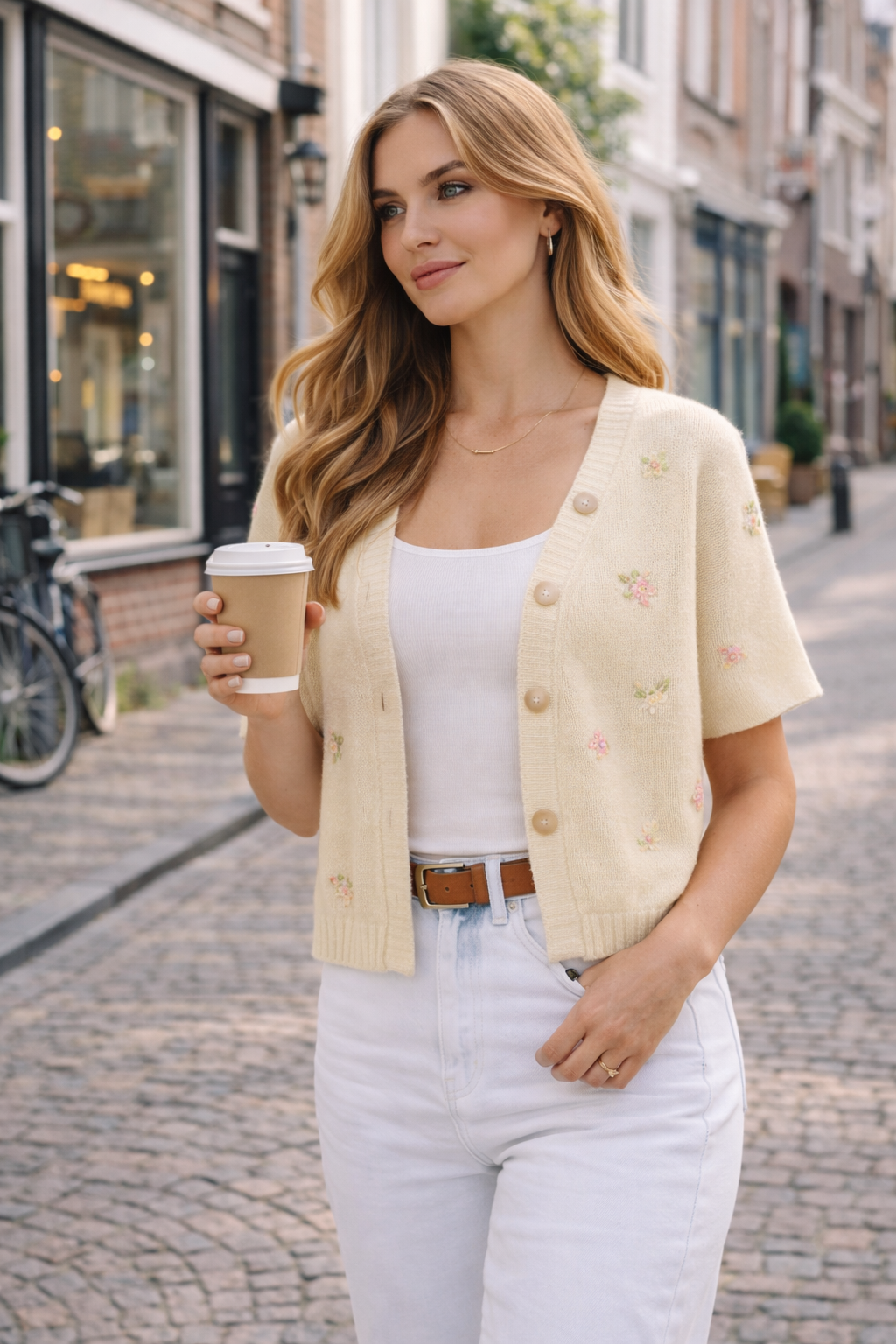 Roselinde – Lichtbeige Dames Vest Met Kralen En Bloemenborduursel