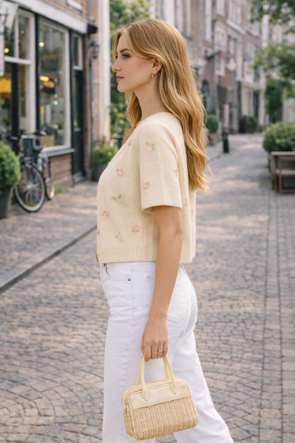 Roselinde – Lichtbeige Dames Vest Met Kralen En Bloemenborduursel