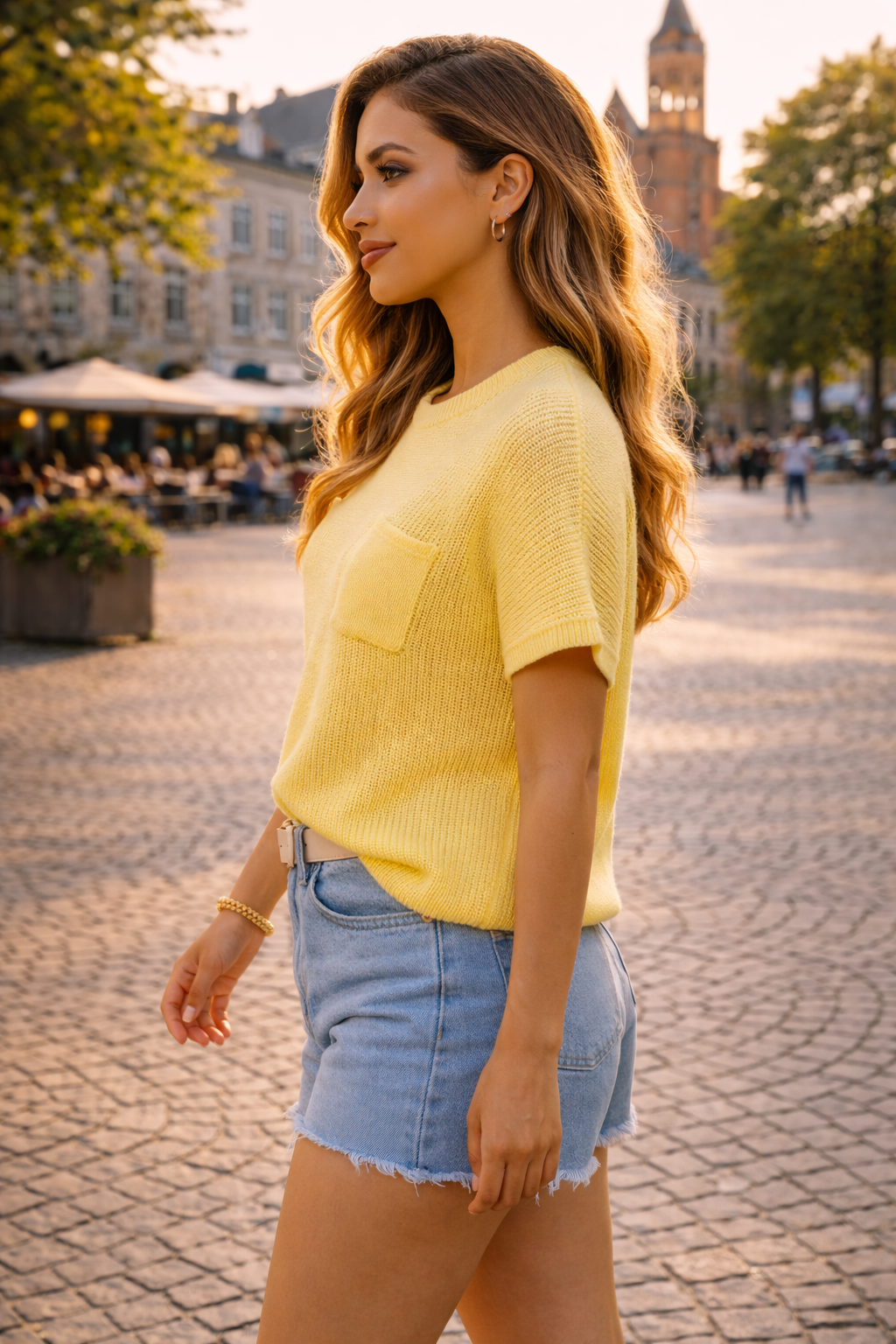 Mirava – Gele Dames Trui Met Korte Mouwen En Ribstructuur