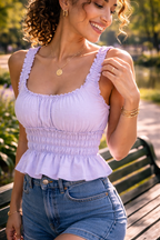 Karessa – Lichtblauwe Dames Tanktop Met Plooidetails