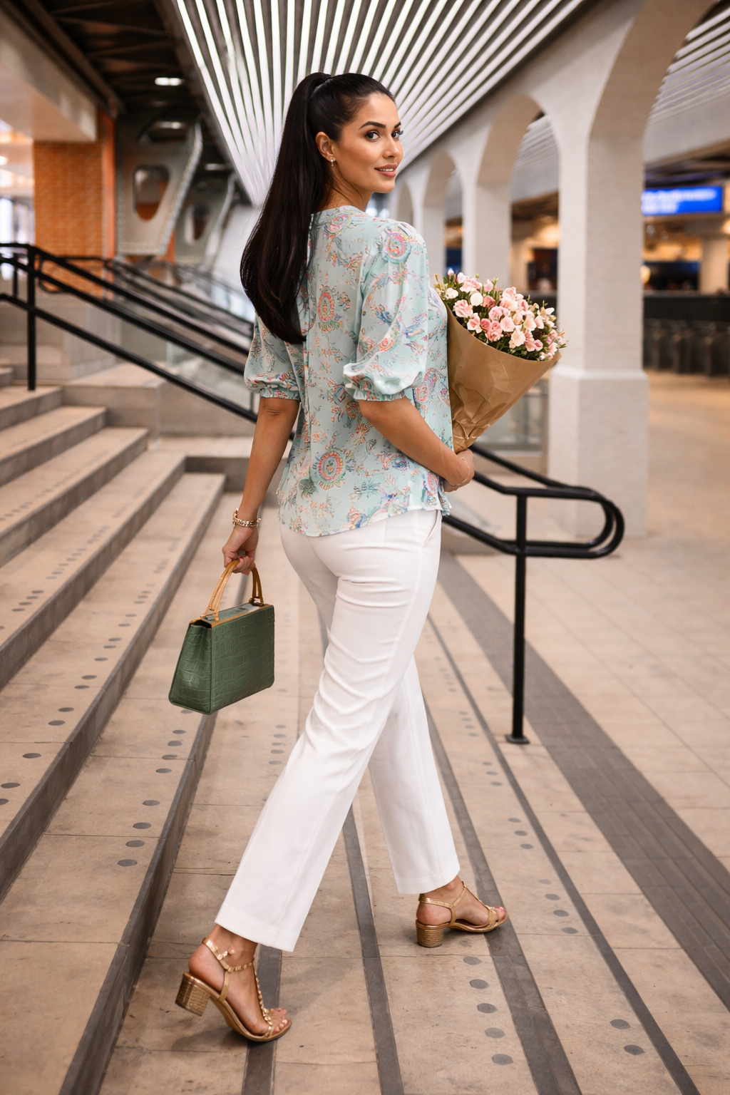 Annemiek – Saliegroene Dames Blouse Met Paisleyprint