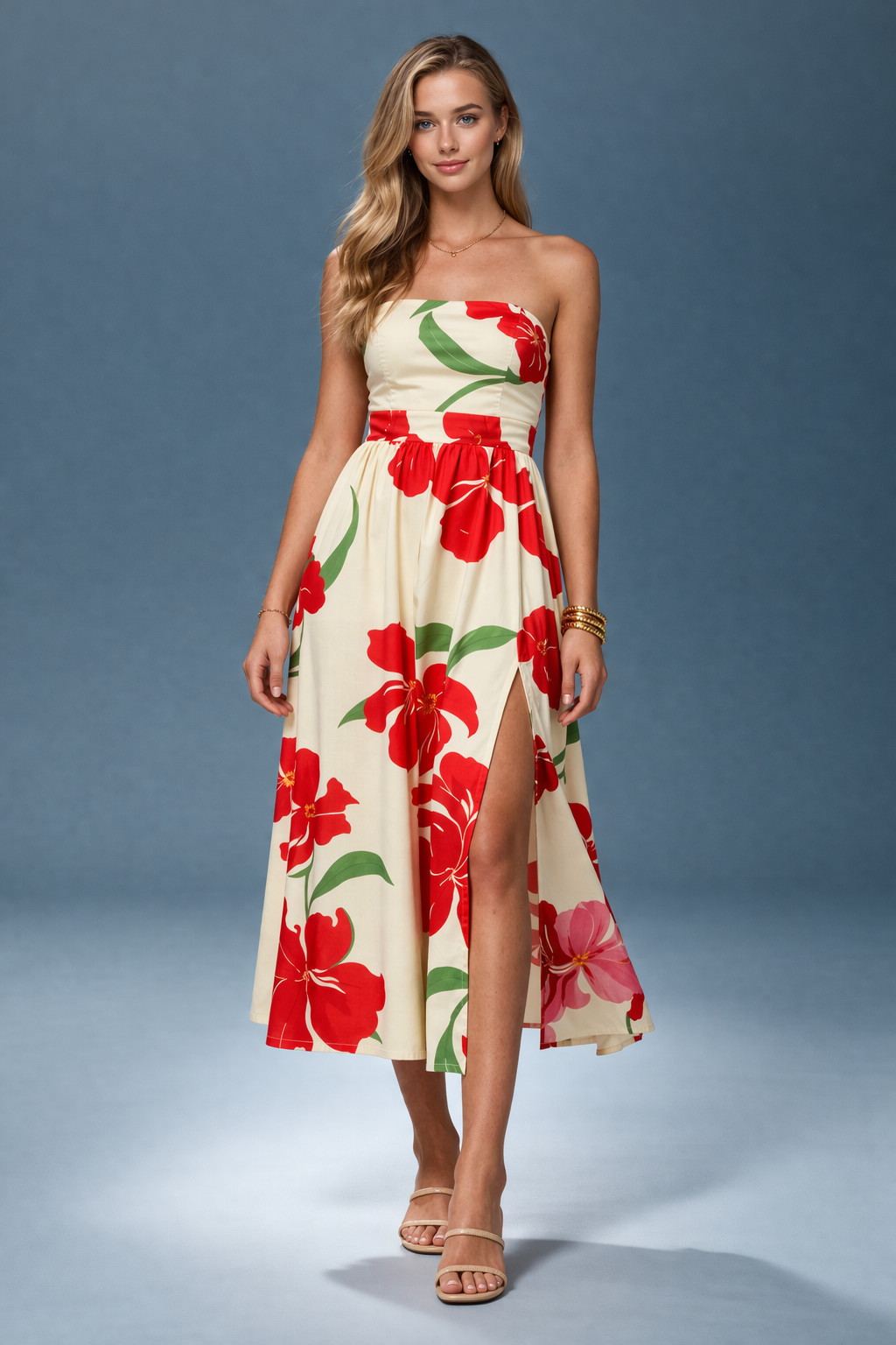 Bentley – Naturel En Oranje Dames Maxijurk Met Bloemenpatroon